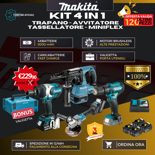 Kit Makita 4 in 1: Trapano, Tassellatore, Avvitatore e Miniflex