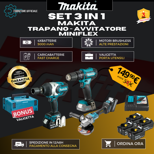Kit Makita 3 in 1: Trapano, Avvitatore e Miniflex